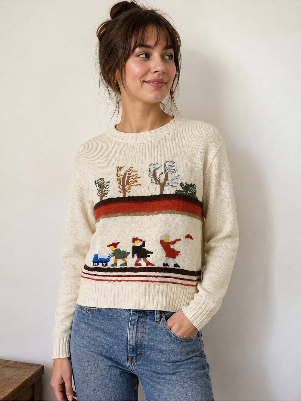 Vintage Winter Scene Folk Art Knit